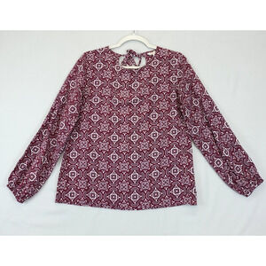 All For Color Blouse Women L Pleasant Long Sleeve Back Neck‎ Tie Burgundy White